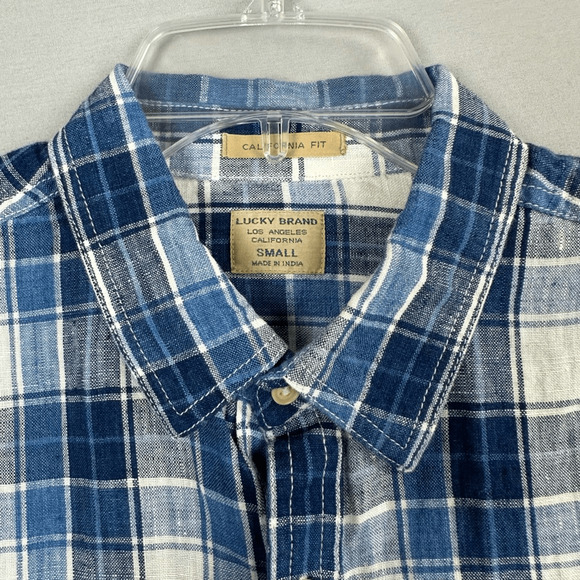 Lucky Brand Linen Shirt Button Front Long Sleeve Plaid Mens Small California Fit - Picture 3 of 11